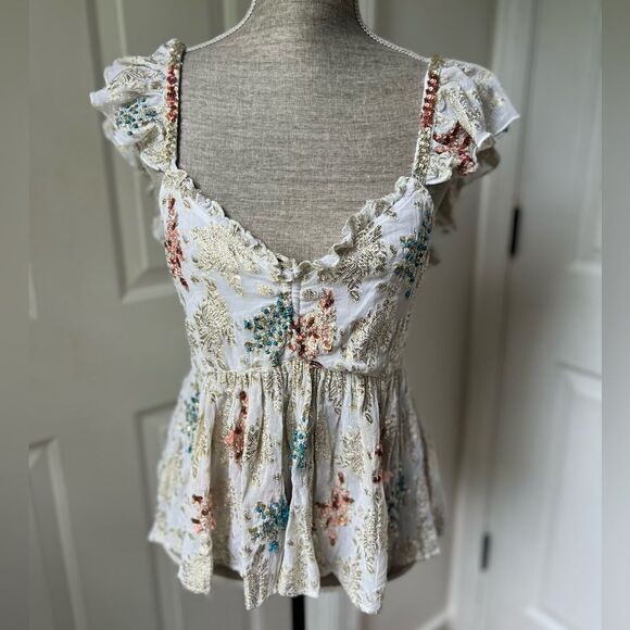 Free People All That Shimmers Jacquard Metallic Embroidered Top Shirt Medium - Picture 2 of 6